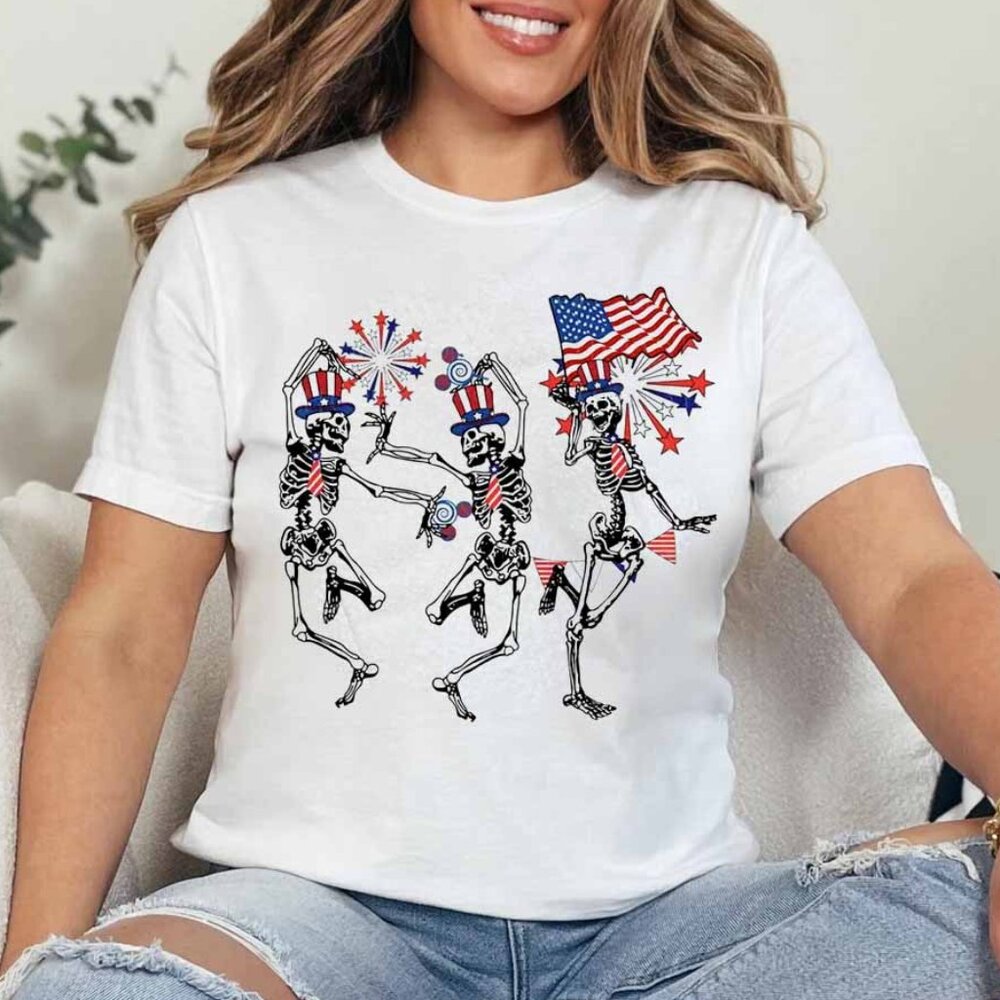 Funny 4th Of July T-Shirt, America Patriotic Skeleton Funny Tee Shirt